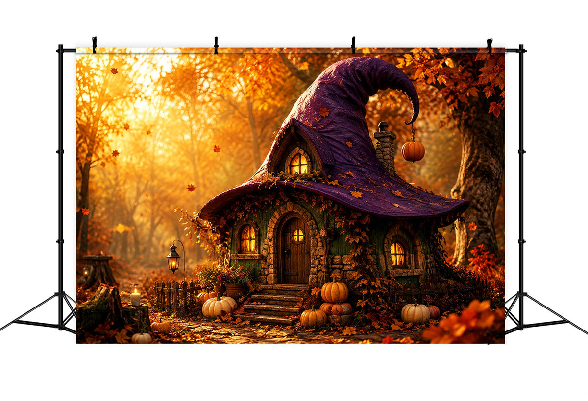 Hexenhaus-Hintergrund Herbstliche Hexenhut-Hütte Gruseliger Fotohintergrund LXX67-249