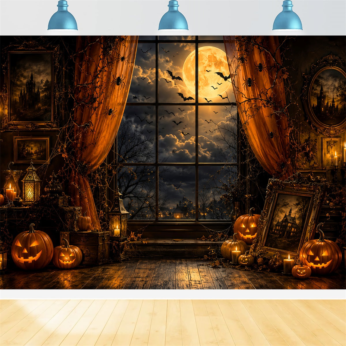 Halloween-Fensterkulisse Mondbeschienene Kürbisporträt-Kammer Niedliche Halloween-Kulisse LXX67-250