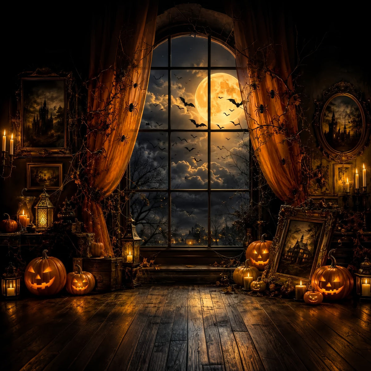 Halloween-Fensterkulisse Mondbeschienene Kürbisporträt-Kammer Niedliche Halloween-Kulisse LXX67-250