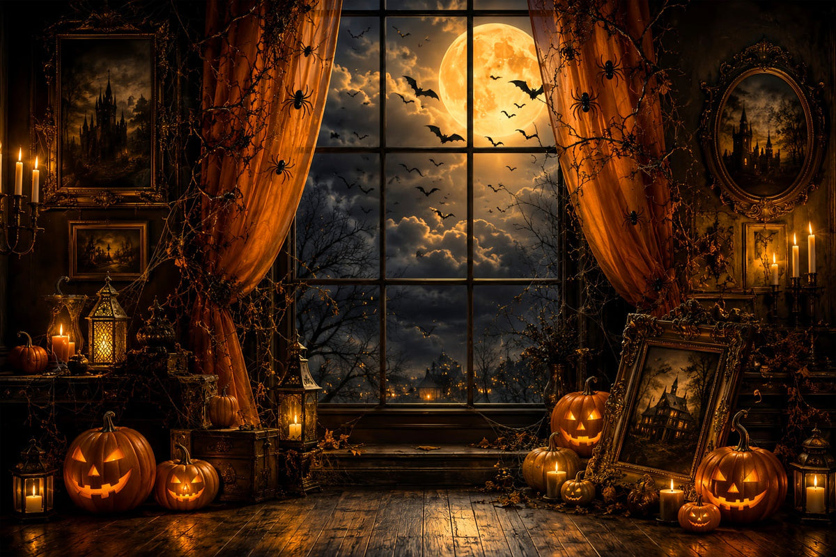 Halloween-Fensterkulisse Mondbeschienene Kürbisporträt-Kammer Niedliche Halloween-Kulisse LXX67-250