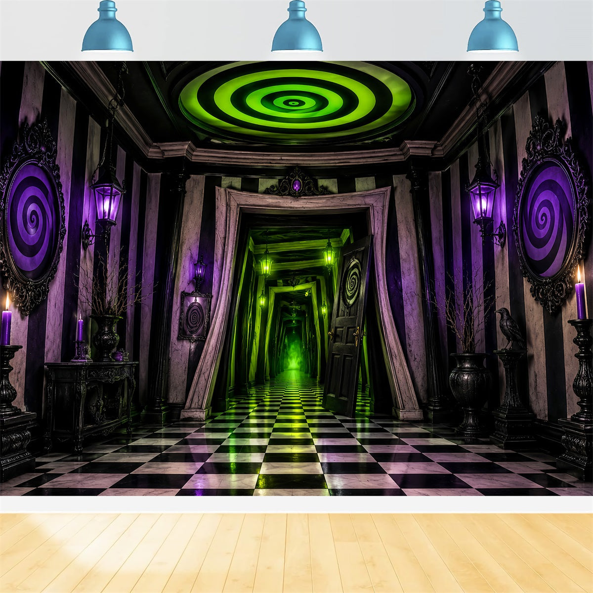 Gruselhaus-Hintergrund Neon-Spirale Karierter Korridor Gruselige Halloween-Hintergründe LXX67-252