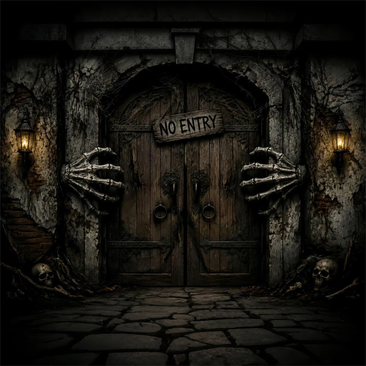 Halloween-Garage-Kulisse Mit Skeletthänden Und Verbotener Tür LXX67-26