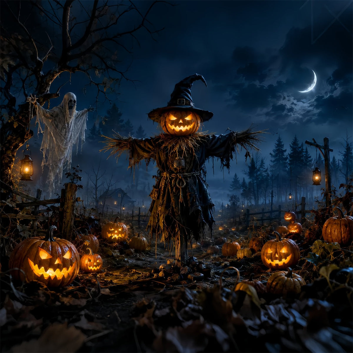 Kürbisbeet-Hintergrundkulisse Vogelscheuchen-Geisterfeld-Halloween-Themenhintergrund LXX67-261