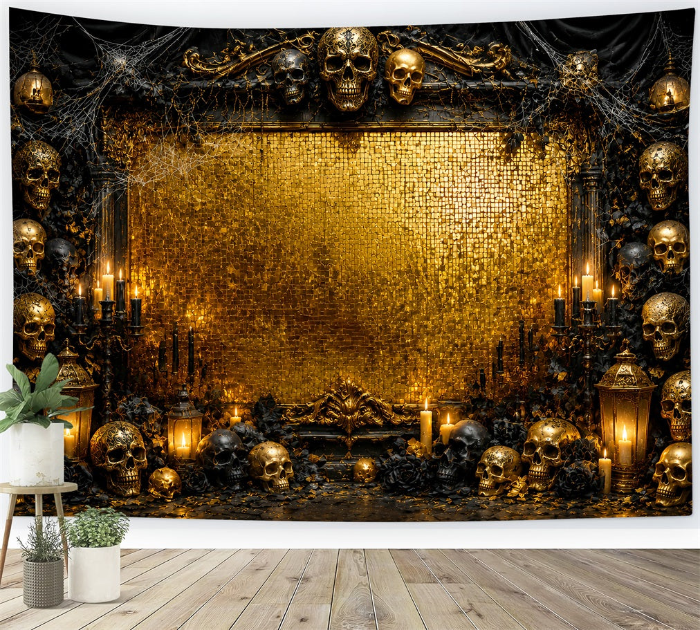 Halloween-Fotohintergrund Mit Goldenem Totenkopf-Kerzenrahmen Halloween-Geburtstagshintergrund LXX67-27