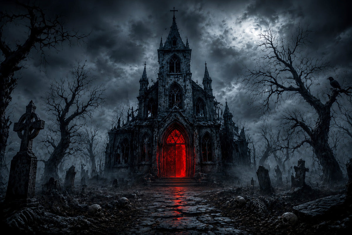 Halloween-Haus-Kulisse Gotische Kirche Rotes Portal Halloween-Friedhofs-Kulisse LXX67-28