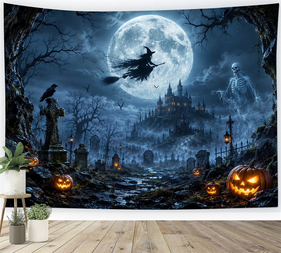 Gruselige Halloween-HintergrundideenMondbeschienene Hexe Skelett Friedhof Halloween-Fotoshooting-Hintergrund LXX67-29
