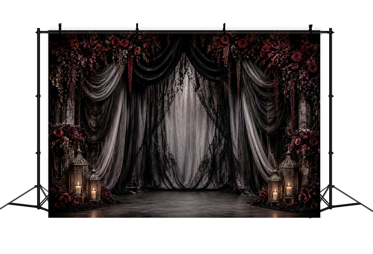 Halloween Hochzeitshintergrund Gotische Vorhänge Purpurrote Rosen Halloween-Fotohintergrund LXX67-3