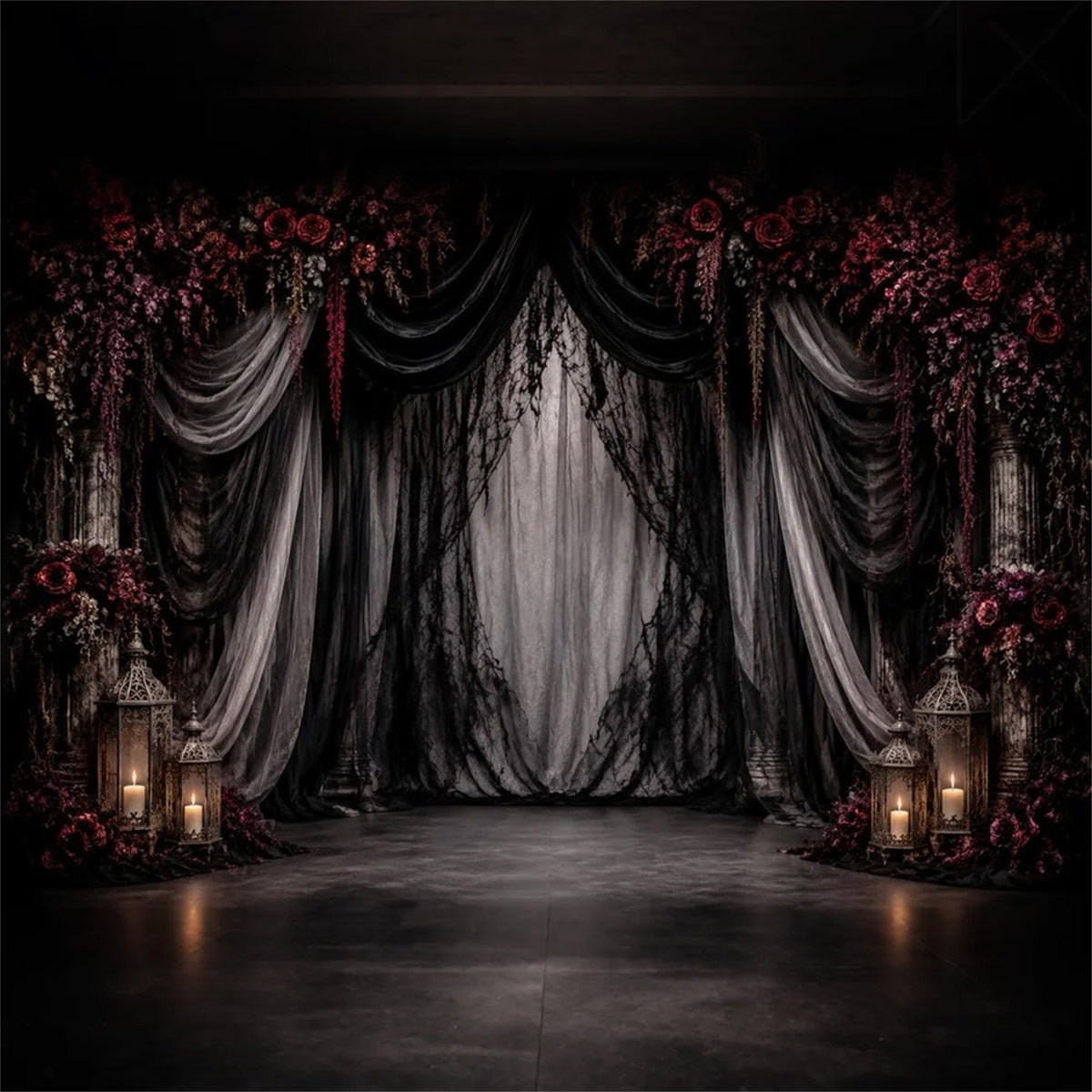 Halloween Hochzeitshintergrund Gotische Vorhänge Purpurrote Rosen Halloween-Fotohintergrund LXX67-3