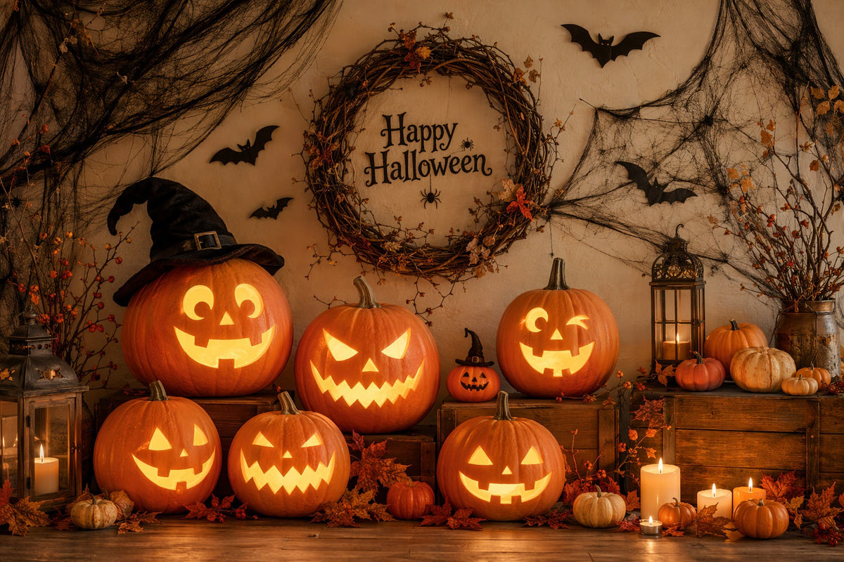 Stoffhintergrund Für Halloween Rustikales Kürbiskranz-Arrangement Halloween-Hintergrund Für Fotos LXX67-31
