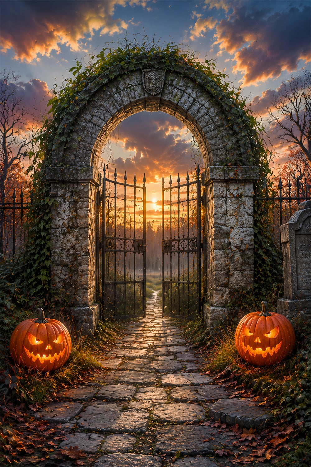 Halloween-Bogen-Hintergrund Sonnenuntergang Friedhofsbogen Kürbisse Große Halloween-Hintergründe LXX67-35