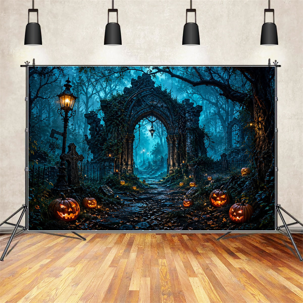 Halloween-Bogen-Hintergrund Spukwaldruinen Kürbisse Große Halloween-Hintergründe LXX67-36
