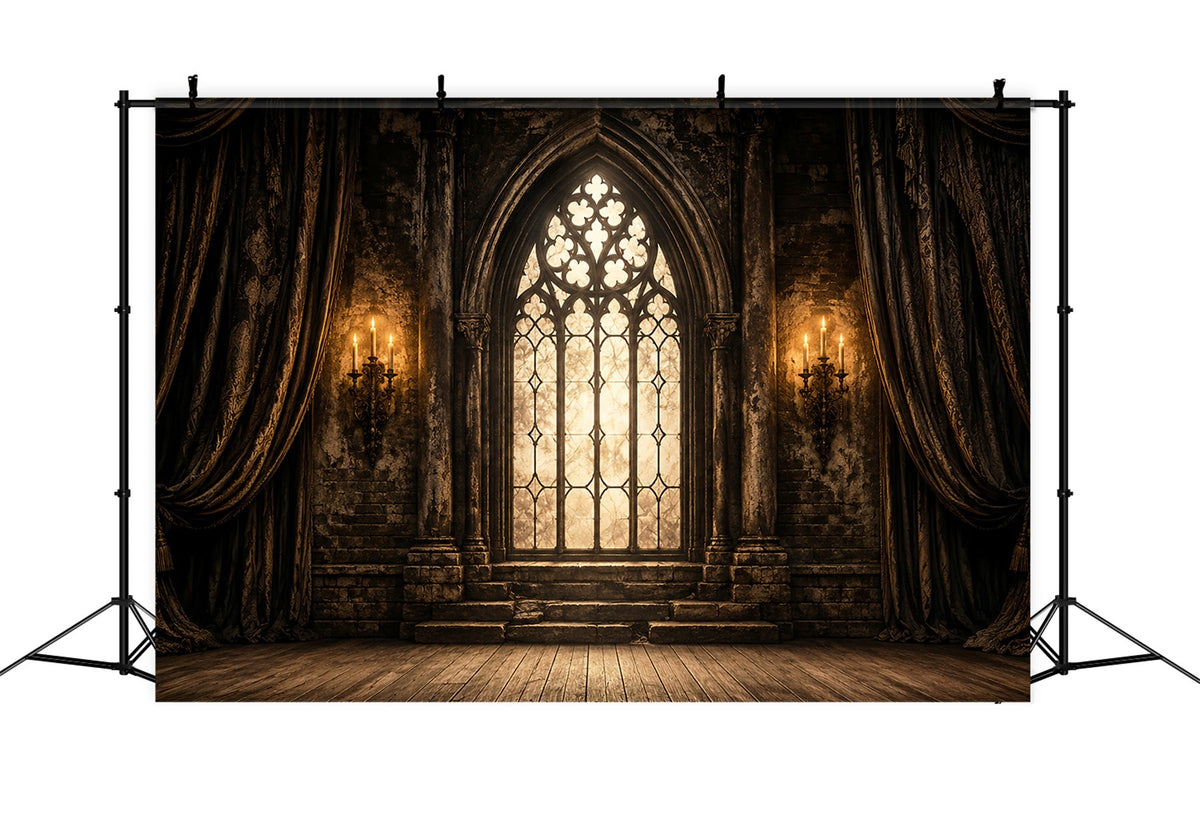 Halloween-Bühnenhintergrund Gotisches Kathedralenfenster Kerzen Halloween-Fotografie-Hintergründe LXX67-38