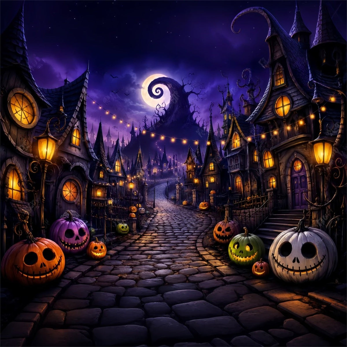 Fotohintergründe Halloween Lila Kürbis Dorfstraße Halloween Stadt Hintergrund LXX67-40