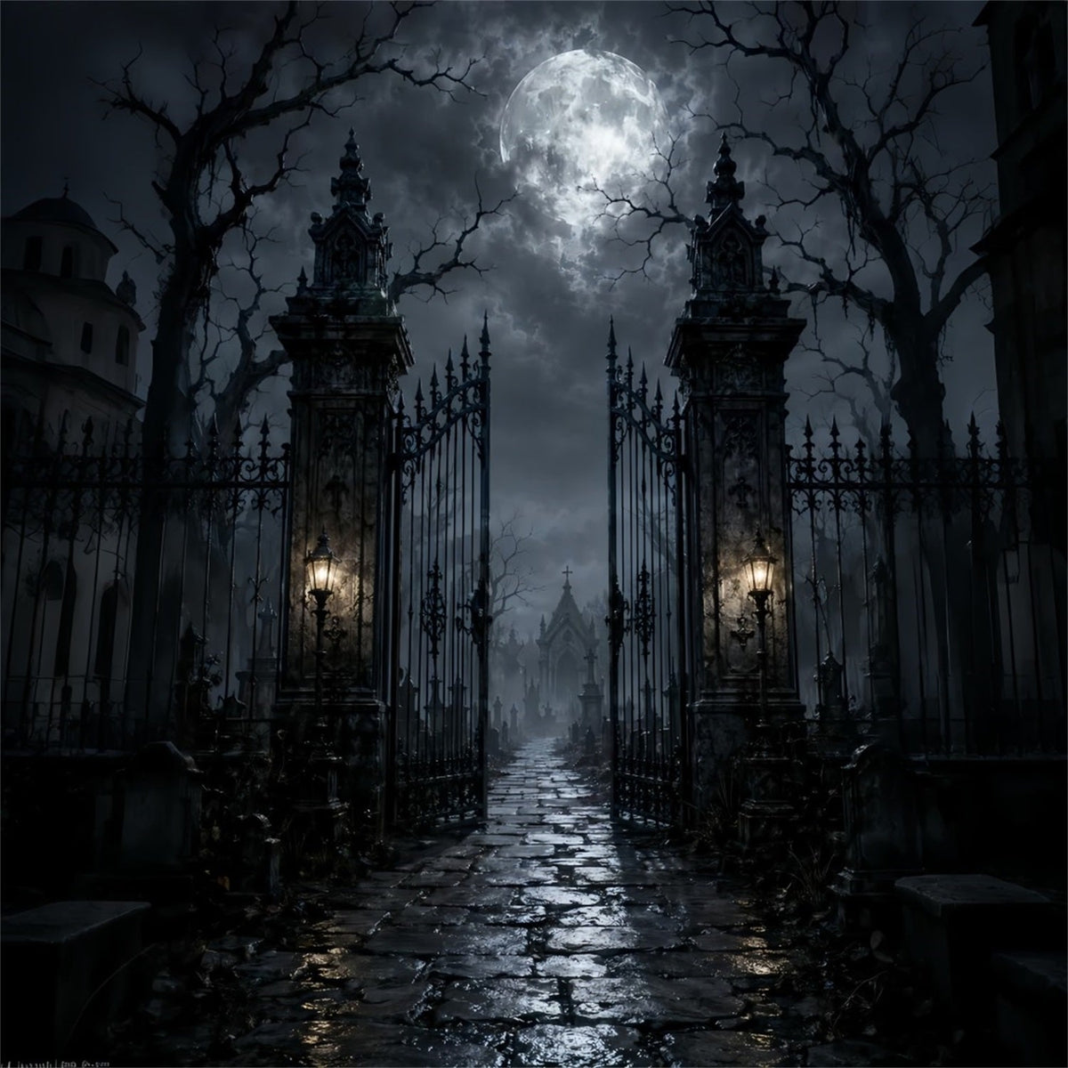 Halloween-Stoffhintergrund Mondbeschienener Friedhof Eisernes Tor Friedhofs-Hintergründe LXX67-47