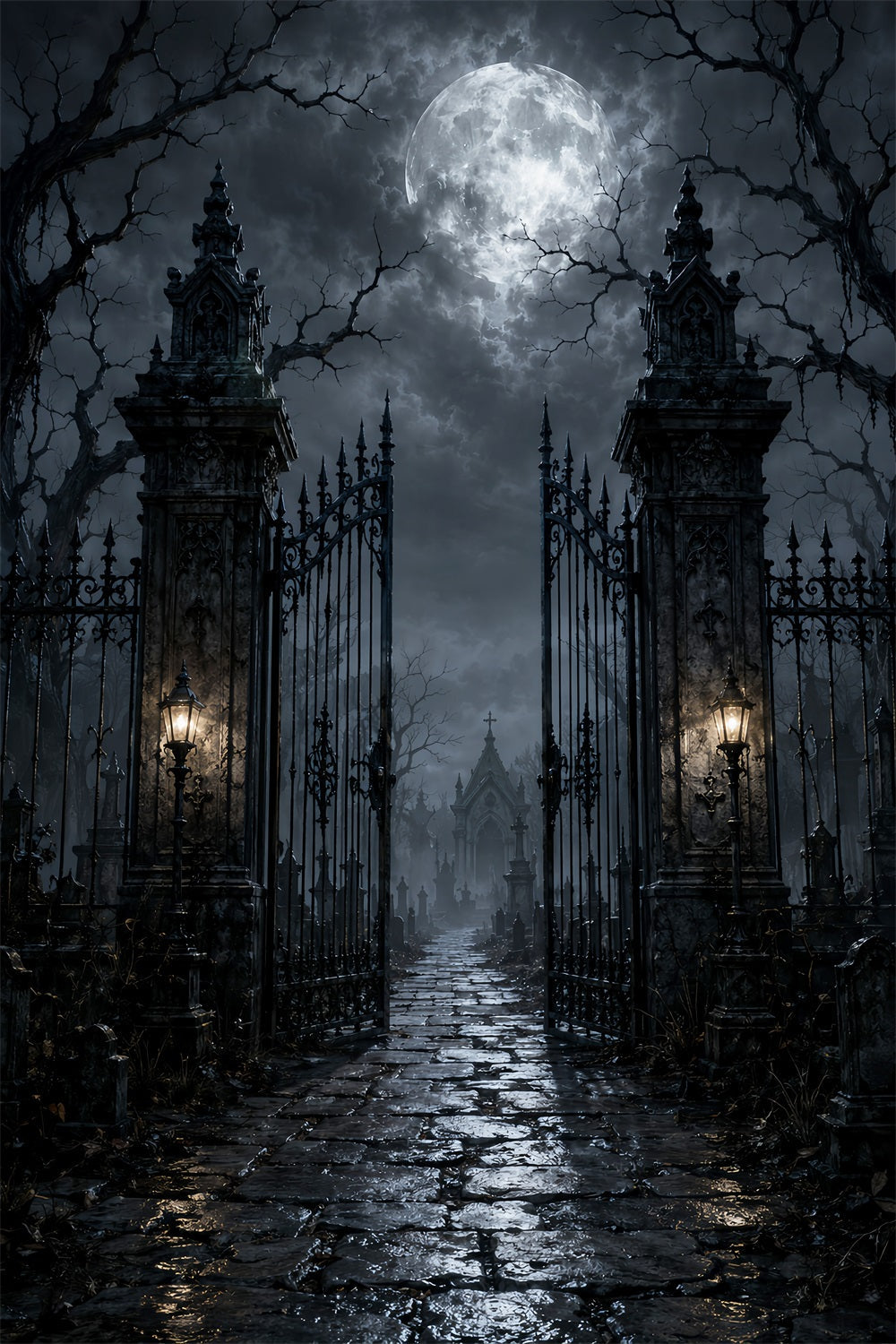 Halloween-Stoffhintergrund Mondbeschienener Friedhof Eisernes Tor Friedhofs-Hintergründe LXX67-47