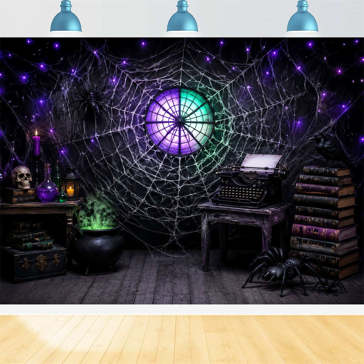 Halloween-HintergrundideenDiy-Spinnennetz-Schreibmaschinen-Zauberbuch-Studienhintergrund Lila Halloween-Hintergrund LXX67-48