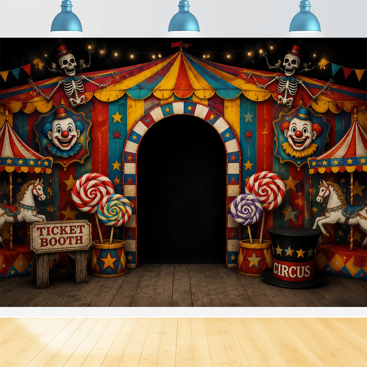 Gruselige Halloween-Fotohintergründe Skelettclown Zirkuseingang Fröhlicher Halloween-Hintergrund LXX67-52