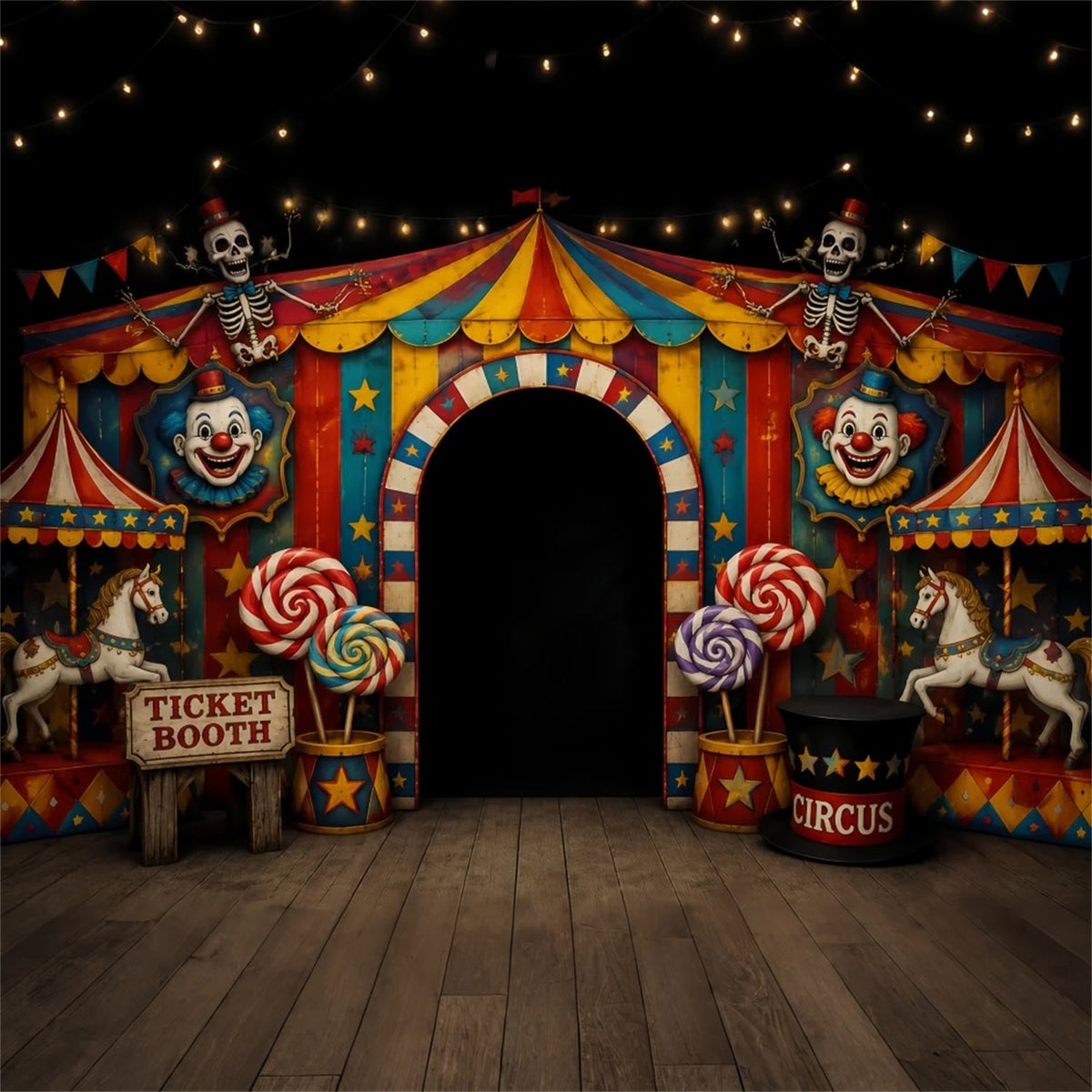 Gruselige Halloween-Fotohintergründe Skelettclown Zirkuseingang Fröhlicher Halloween-Hintergrund LXX67-52