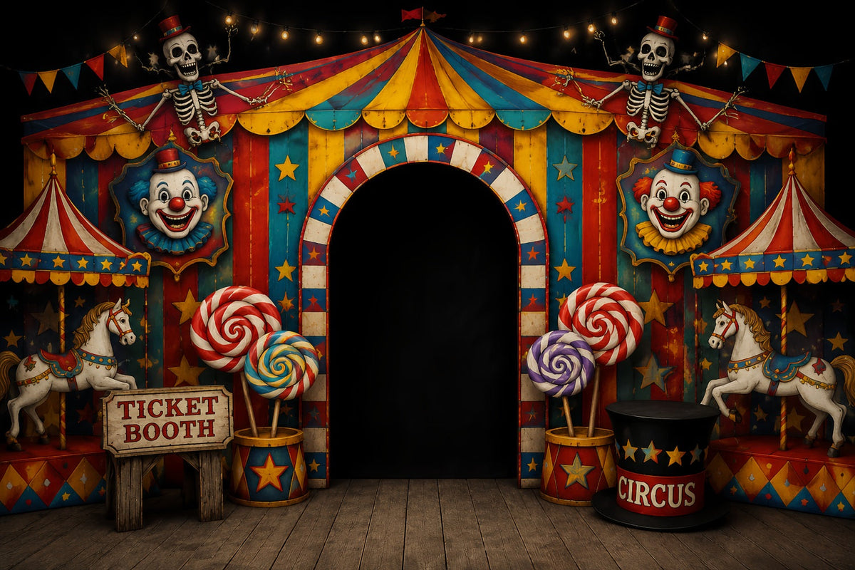 Gruselige Halloween-Fotohintergründe Skelettclown Zirkuseingang Fröhlicher Halloween-Hintergrund LXX67-52