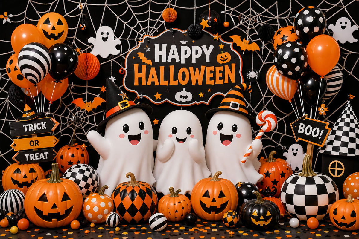 Niedliche Halloween-Hintergründe Mit Geistern Kürbissen Luftballons Und Spinnweben Halloween-Kulissen Szenensets LXX67-6