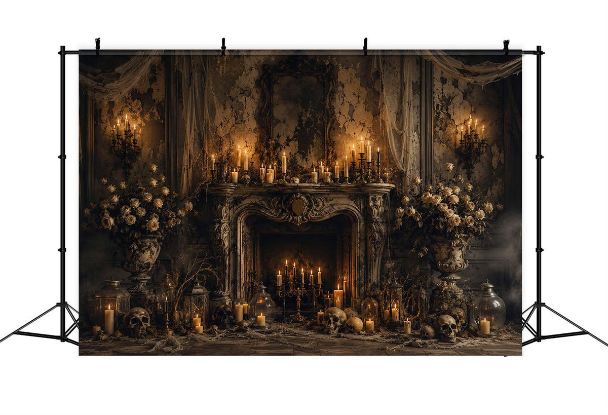 Halloween-Hintergrund Aus Stoff Gotisch Mit Kerzen Totenkopf Und Kamin Halloween-Hintergrund Für Fotos LXX67-61
