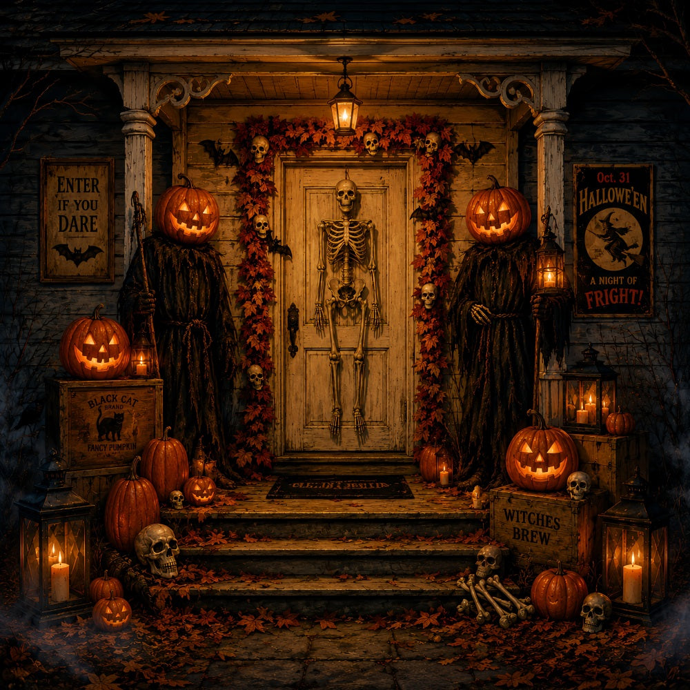 Halloween-HintergrundkulisseSkelett-Kürbis-Türeingang Ideen Für Halloween-Hintergrundkulissen LXX67-62