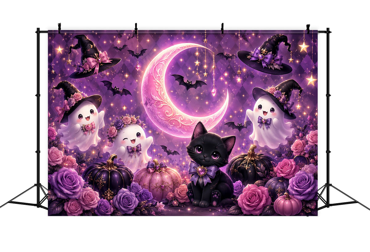 Niedliche Halloween-Hintergründe Niedliche Geisterkatzen-Mond-Hintergründe Szenensets LXX67-63