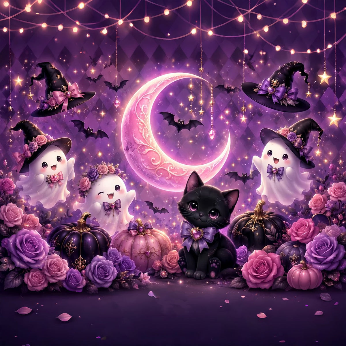 Niedliche Halloween-Hintergründe Niedliche Geisterkatzen-Mond-Hintergründe Szenensets LXX67-63
