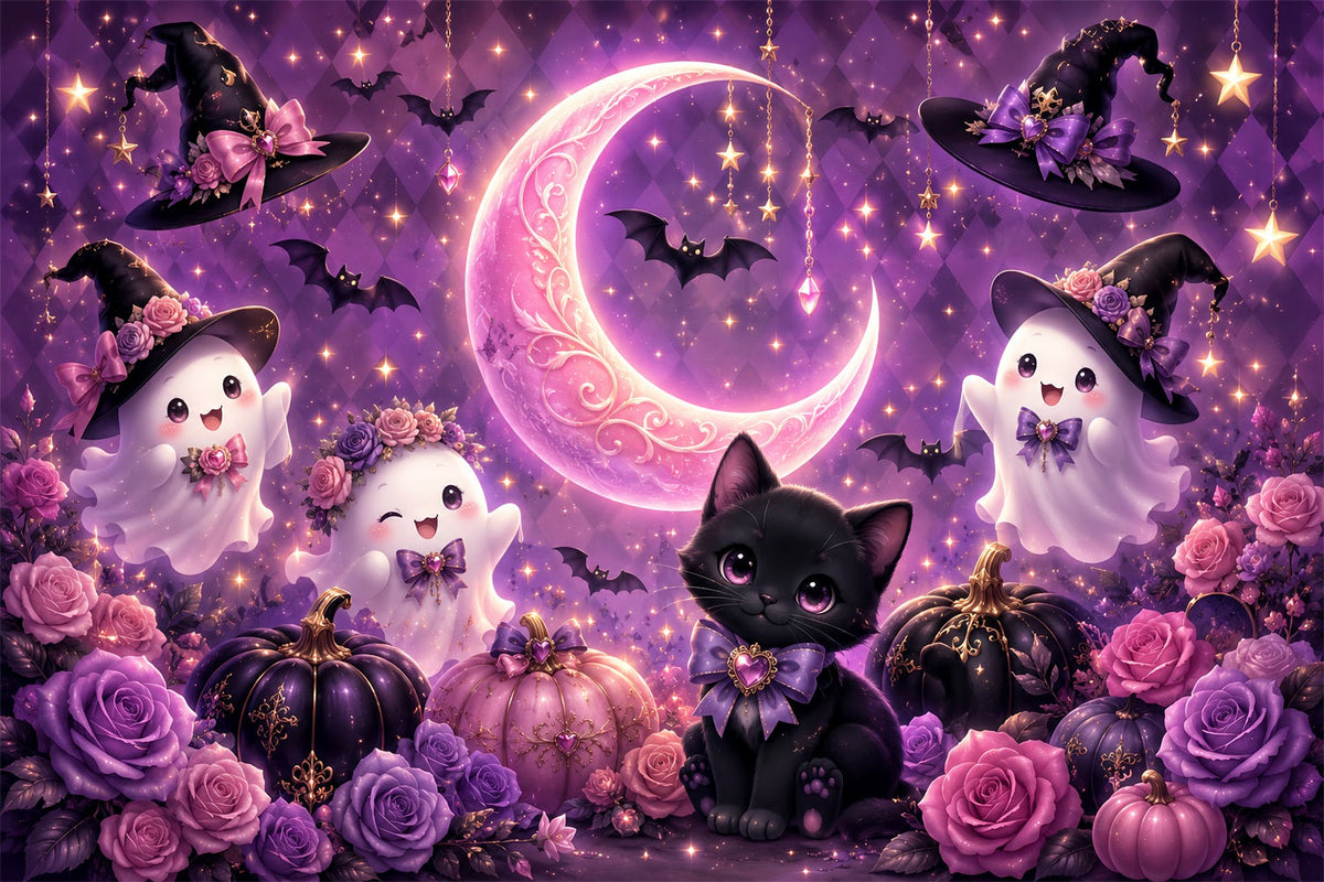 Niedliche Halloween-Hintergründe Niedliche Geisterkatzen-Mond-Hintergründe Szenensets LXX67-63
