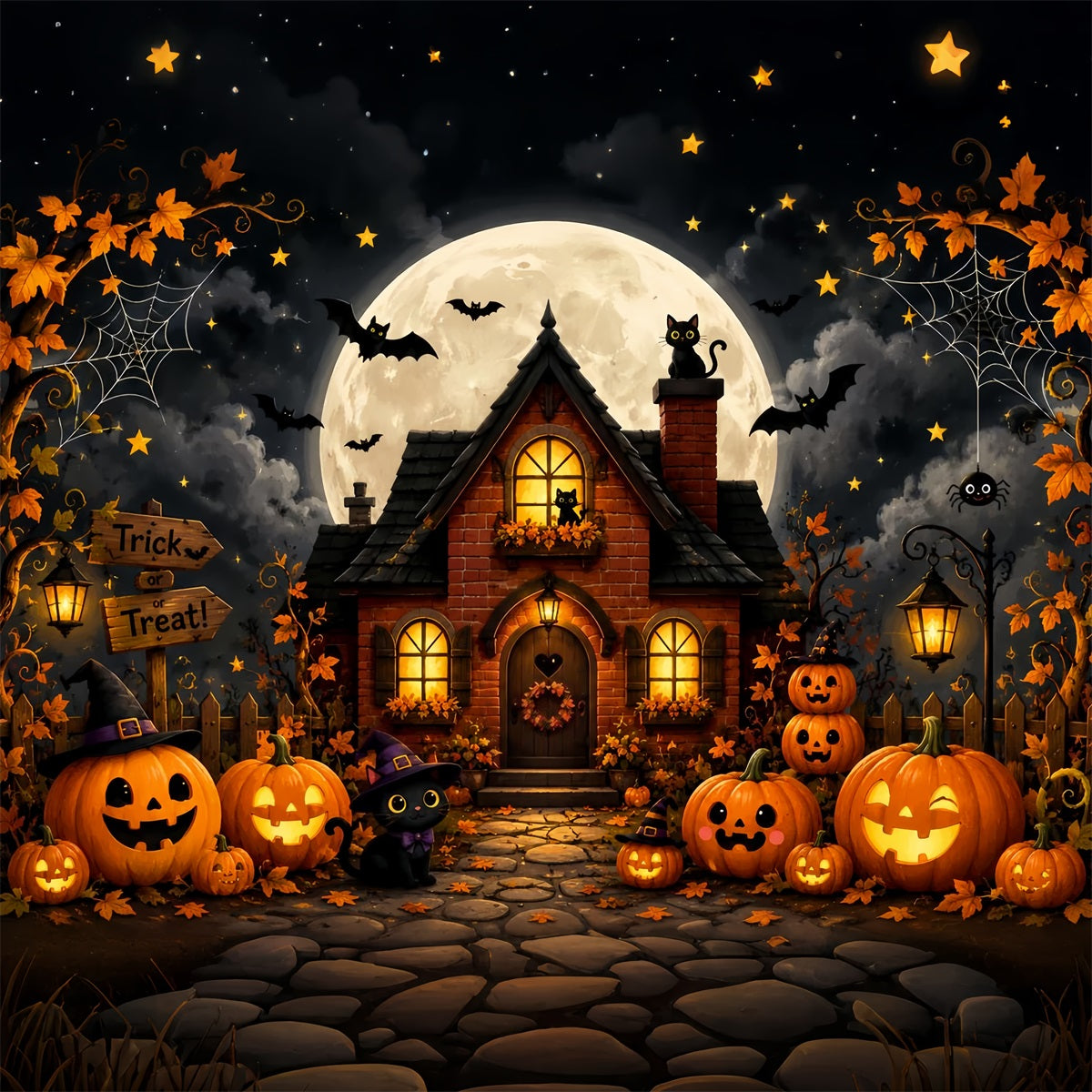 Halloween-Hintergrund Für DraußenNiedliches Kürbis-Katzenhäuschen Gruseliger Halloween-Hintergrund LXX67-66