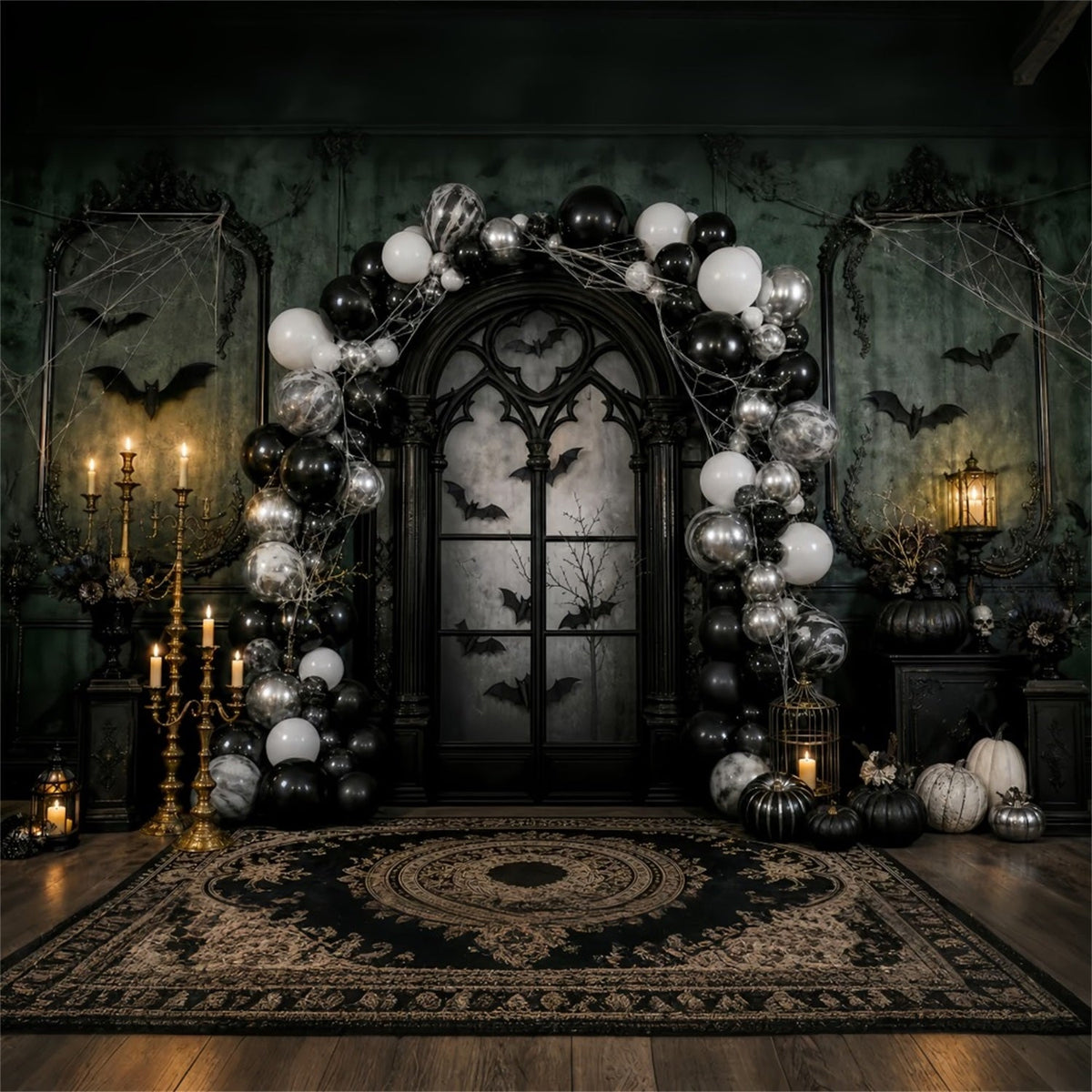 Halloween-Party-Hintergründe Gotischer Ballonbogen Kerzen Fledermäuse Halloween-Fotokabinen-Hintergrund LXX67-7