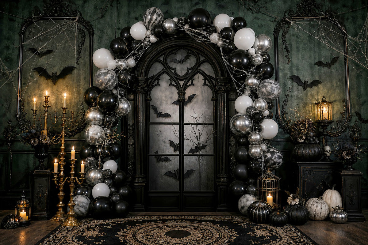 Halloween-Party-Hintergründe Gotischer Ballonbogen Kerzen Fledermäuse Halloween-Fotokabinen-Hintergrund LXX67-7