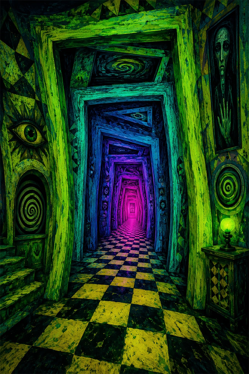 Halloween-Fotohintergrund-IdeenNeonfarbener Gruseliger Spiralflur-Fotohintergrund LXX67-72