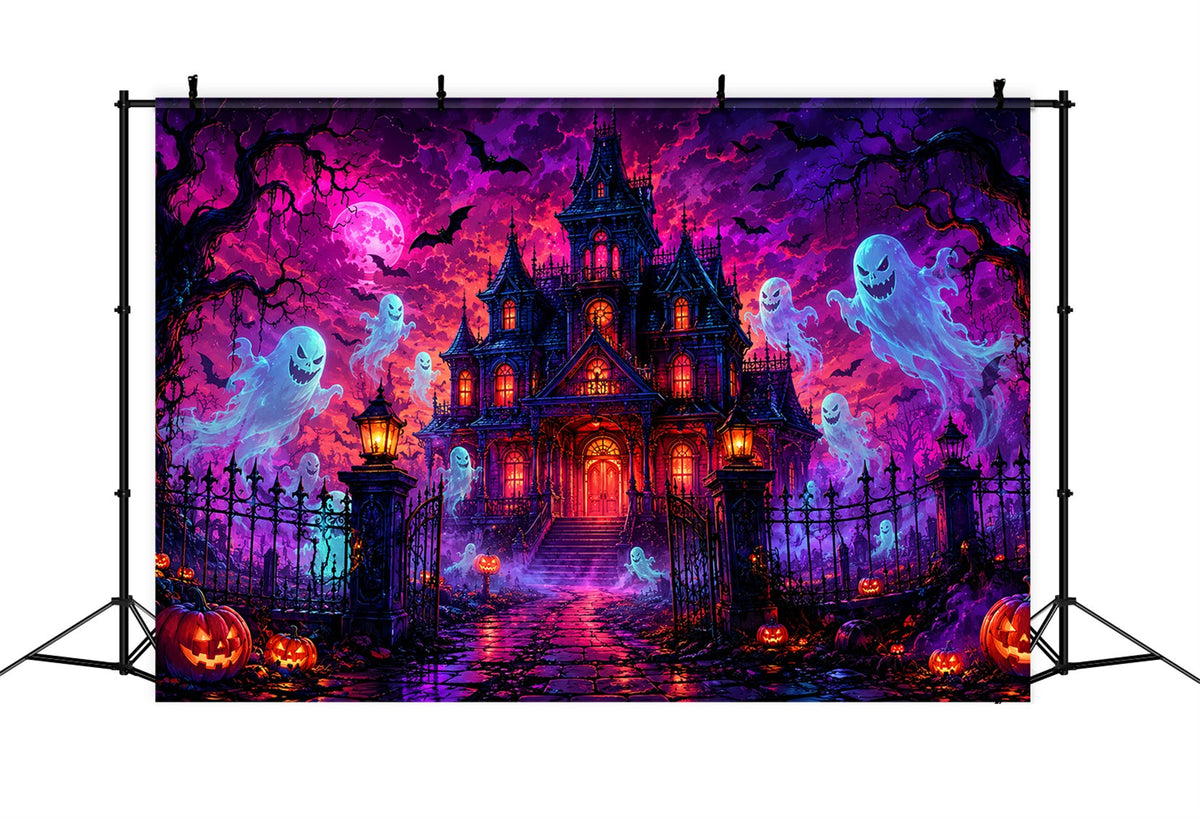 Halloween-Kulissen Aus Pappe Neon-Geistervilla Nacht-Fotohintergrund LXX67-76