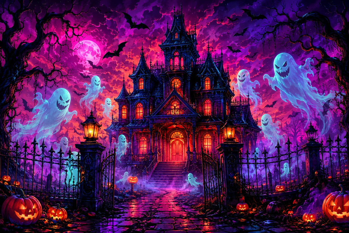 Halloween-Kulissen Aus Pappe Neon-Geistervilla Nacht-Fotohintergrund LXX67-76