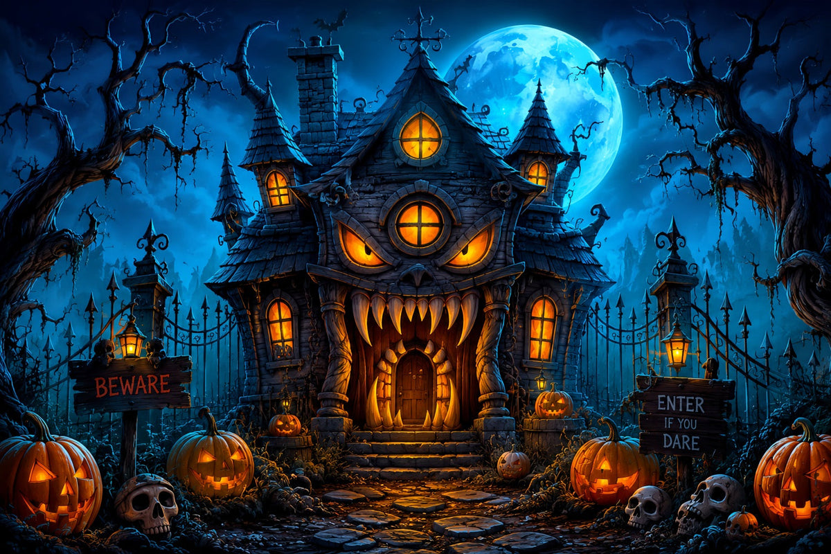 Halloween-Fotohintergrund Im FreienMonsterhaus Mit Kürbissen Bei Nacht LXX67-78