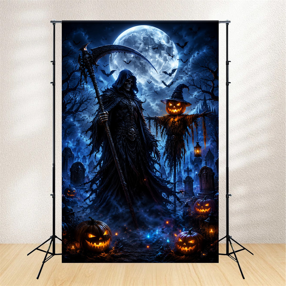 Halloween-Hintergrund Mit Mond Sensenmann Vogelscheuche Und Friedhof Halloween-Fotohintergründe LXX67-8