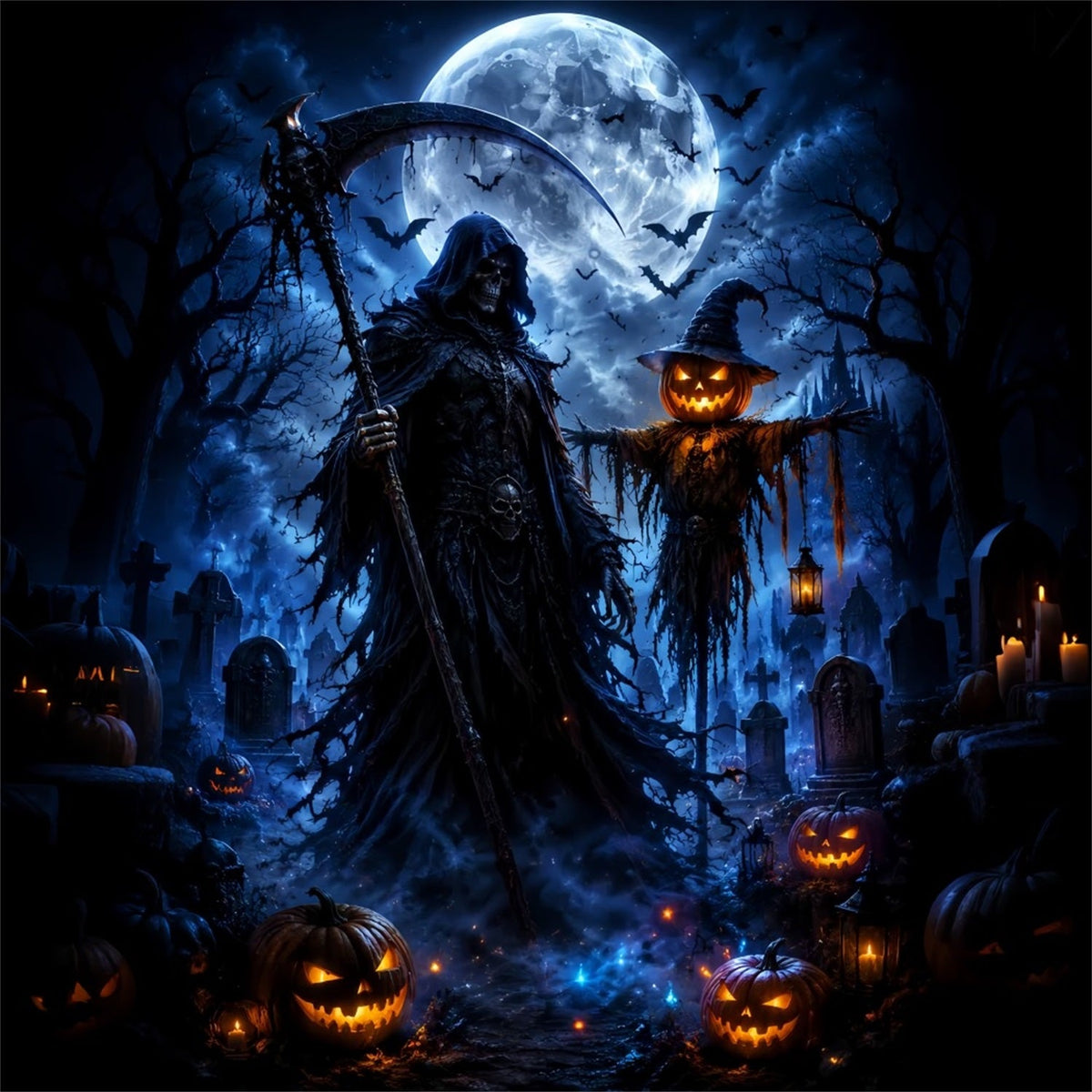 Halloween-Hintergrund Mit Mond Sensenmann Vogelscheuche Und Friedhof Halloween-Fotohintergründe LXX67-8