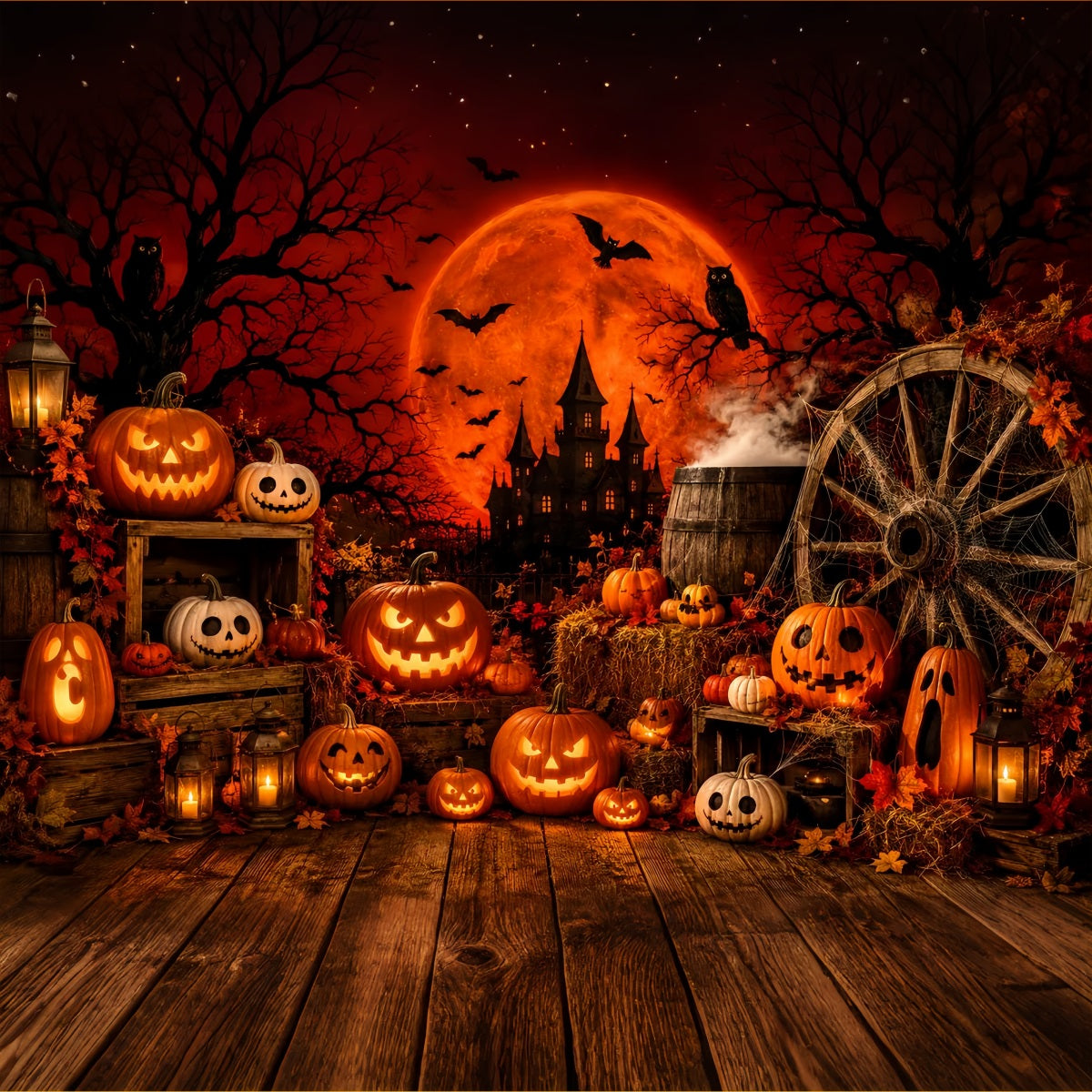 Halloween-Hintergrund Für Fotokabine Roter Mond Kürbis-Dekoration Niedlicher Halloween-Hintergrund LXX67-80