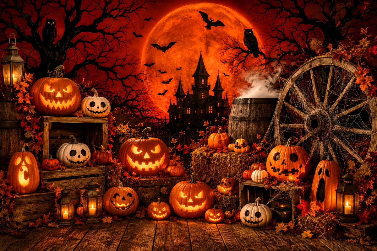 Halloween-Hintergrund Für Fotokabine Roter Mond Kürbis-Dekoration Niedlicher Halloween-Hintergrund LXX67-80