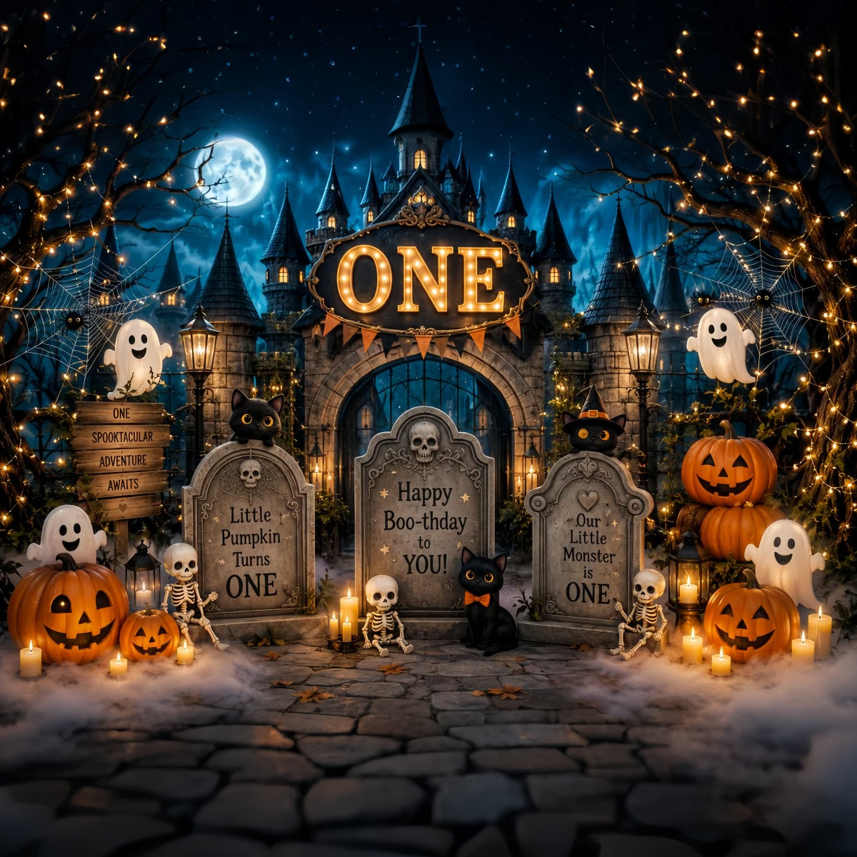Halloween-Fotohintergrund Boo Geburtstag Friedhof Burg Halloween-Geburtstagshintergrund LXX67-83