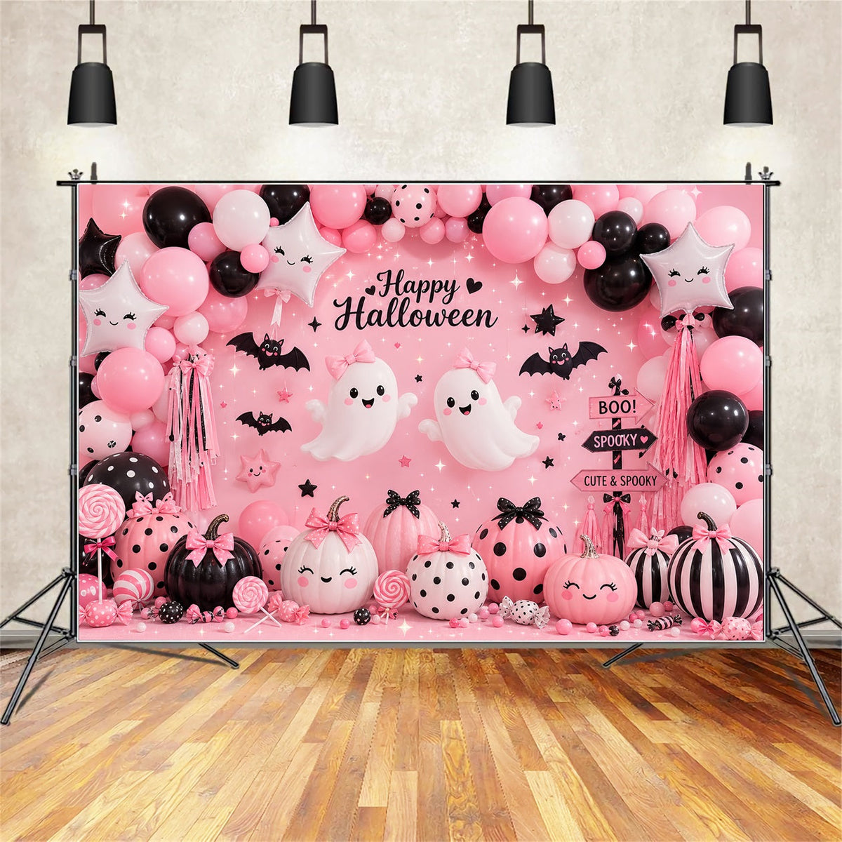 Halloween-Ballon-Hintergrund Rosa Geister-Kürbis-Party-Hintergrund Halloween-Themen-Hintergrund LXX67-86