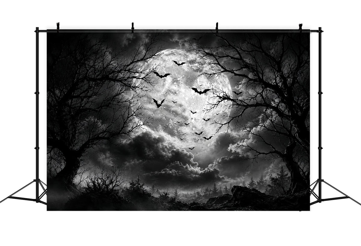 Halloween-Waldkulisse Monochrom Mond Fledermaus Wolken Vintage-Halloweenkulisse LXX67-88