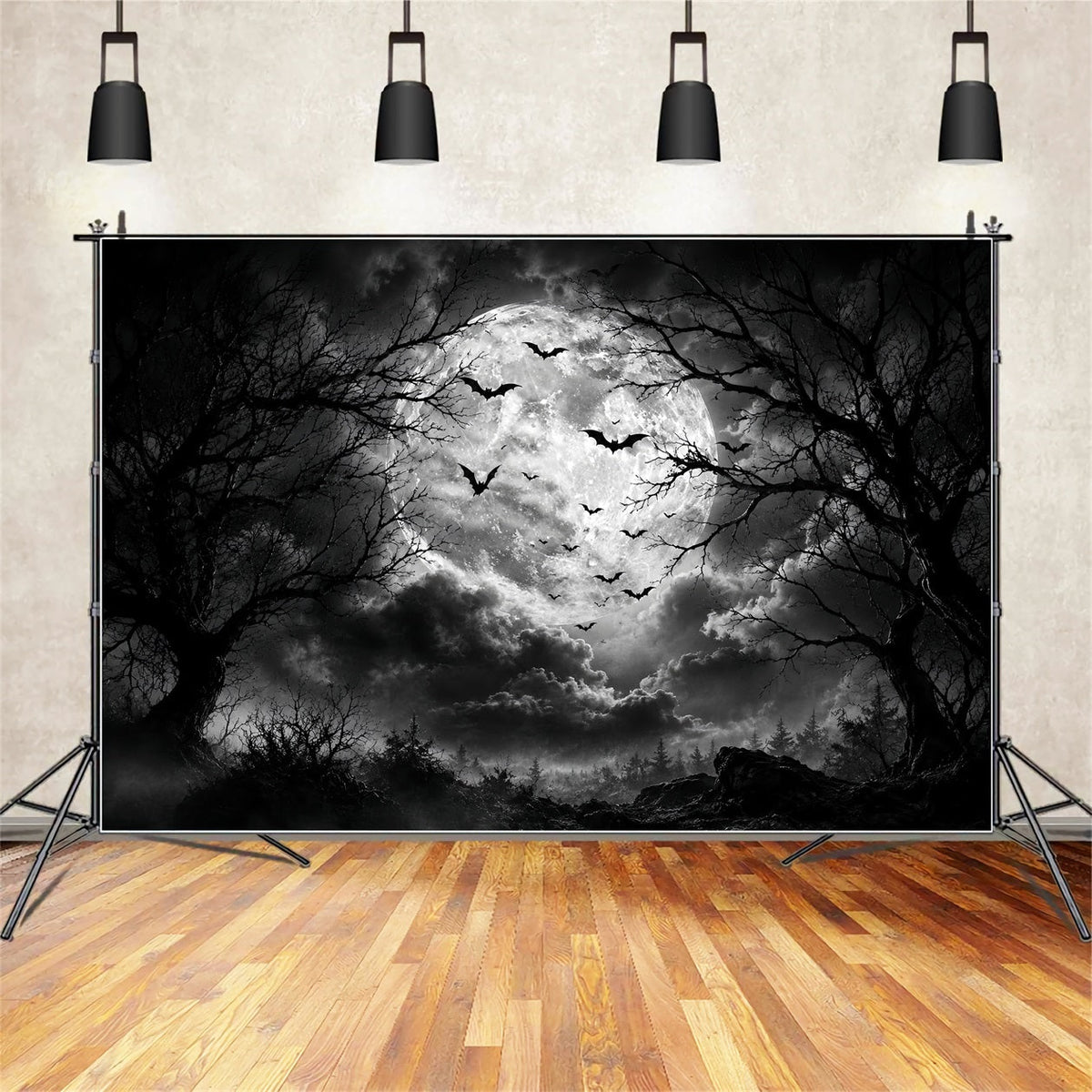Halloween-Waldkulisse Monochrom Mond Fledermaus Wolken Vintage-Halloweenkulisse LXX67-88