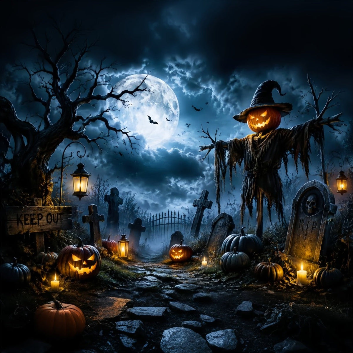 Halloween-Hintergrund Für Draußen Mondbeschienener Kürbis Vogelscheuche Friedhof Gruseliger Halloween-Hintergrund LXX67-9