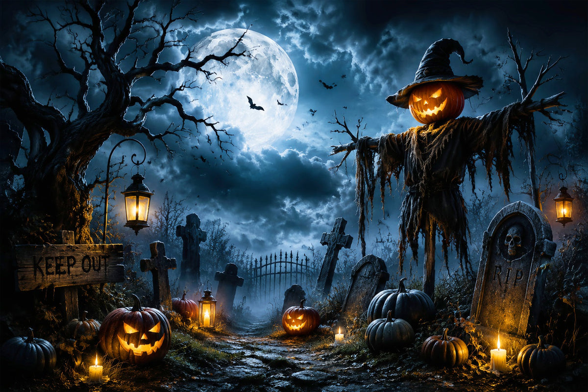 Halloween-Hintergrund Für Draußen Mondbeschienener Kürbis Vogelscheuche Friedhof Gruseliger Halloween-Hintergrund LXX67-9