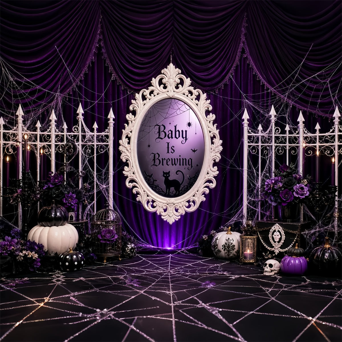 Halloween-Babyparty-Hintergrund Lila Vorhang Hexe Kürbis Fotografie Halloween-Hintergrund LXX67-92