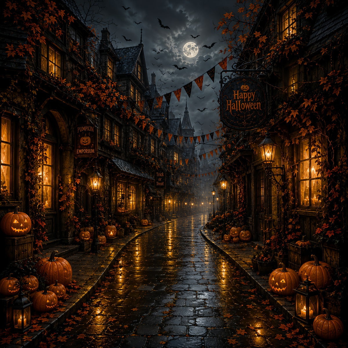 Fotohintergründe Halloween Mondbeschienene Kürbisdorfstraße Halloweenstadt Hintergrund LXX67-93