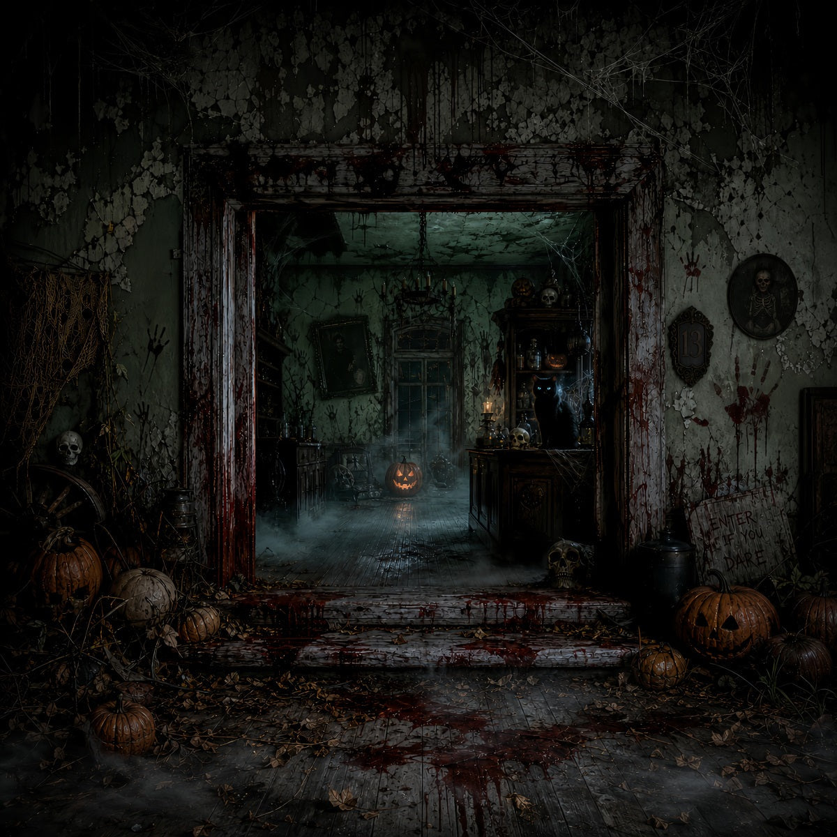 Halloween-Party-HintergrundideenBlutiger Eingang Zu Einem Spukhaus Gruselige Halloween-Hintergründe LXX67-94