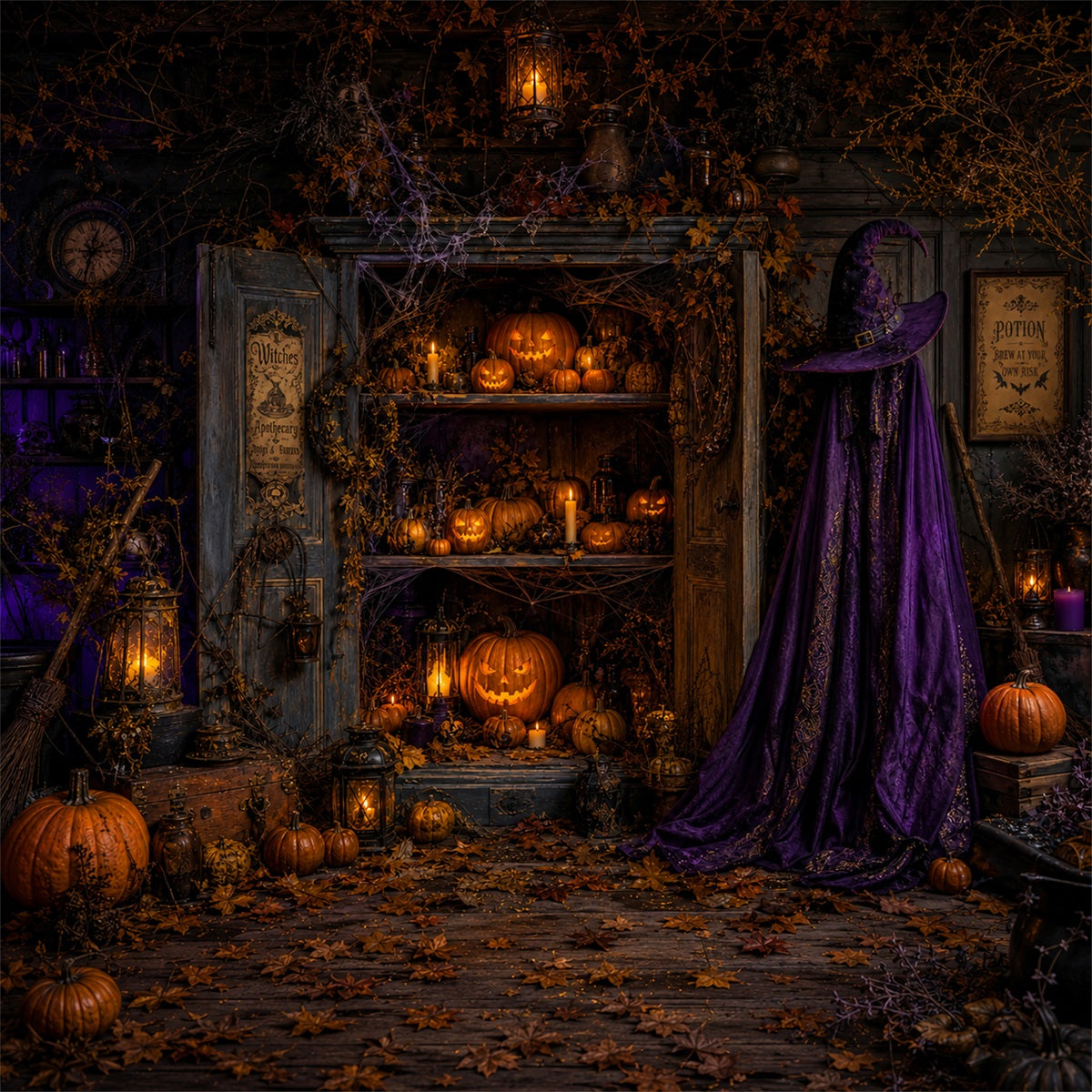 Halloween-Stoffhintergrund Hexe Apotheker Kürbis Schrank Friedhof Halloween Hintergründe LXX67-99